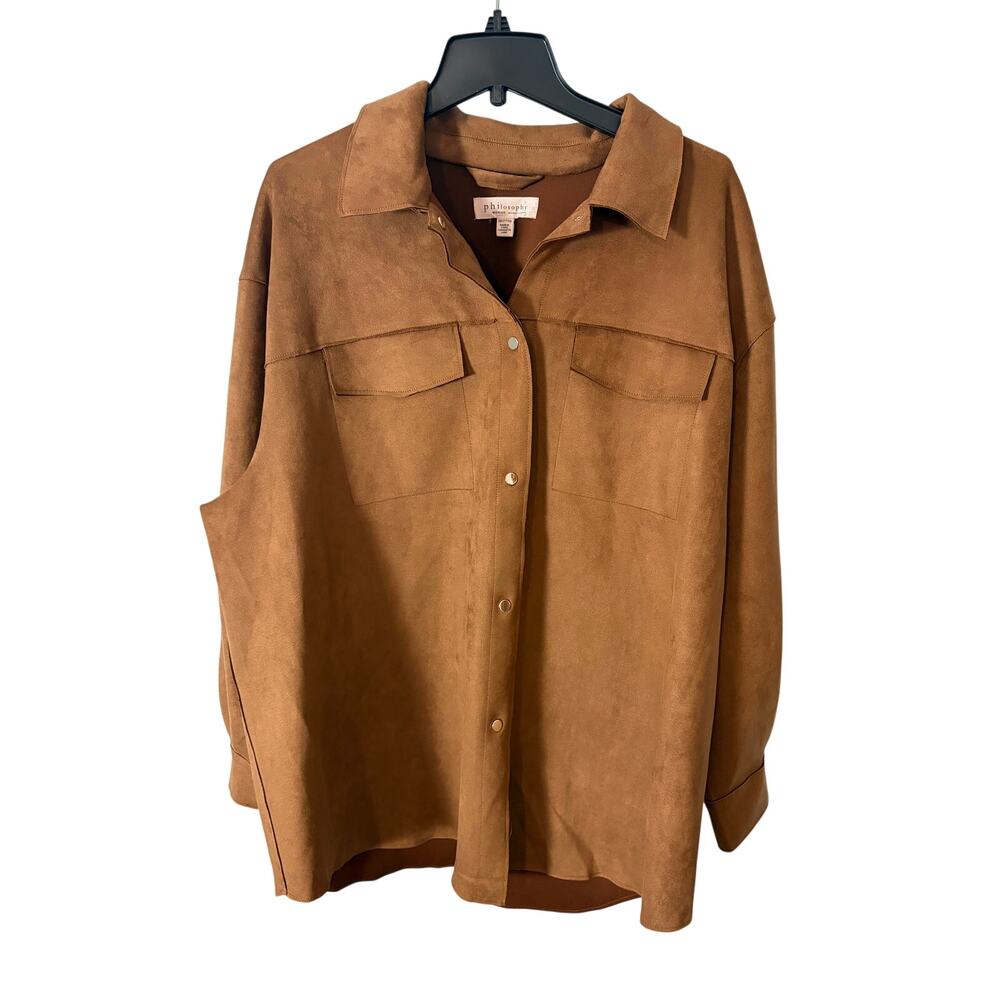 Philosophy Woman Faux Suede Shacket 3X Brown Snap front Oversized Western Boho